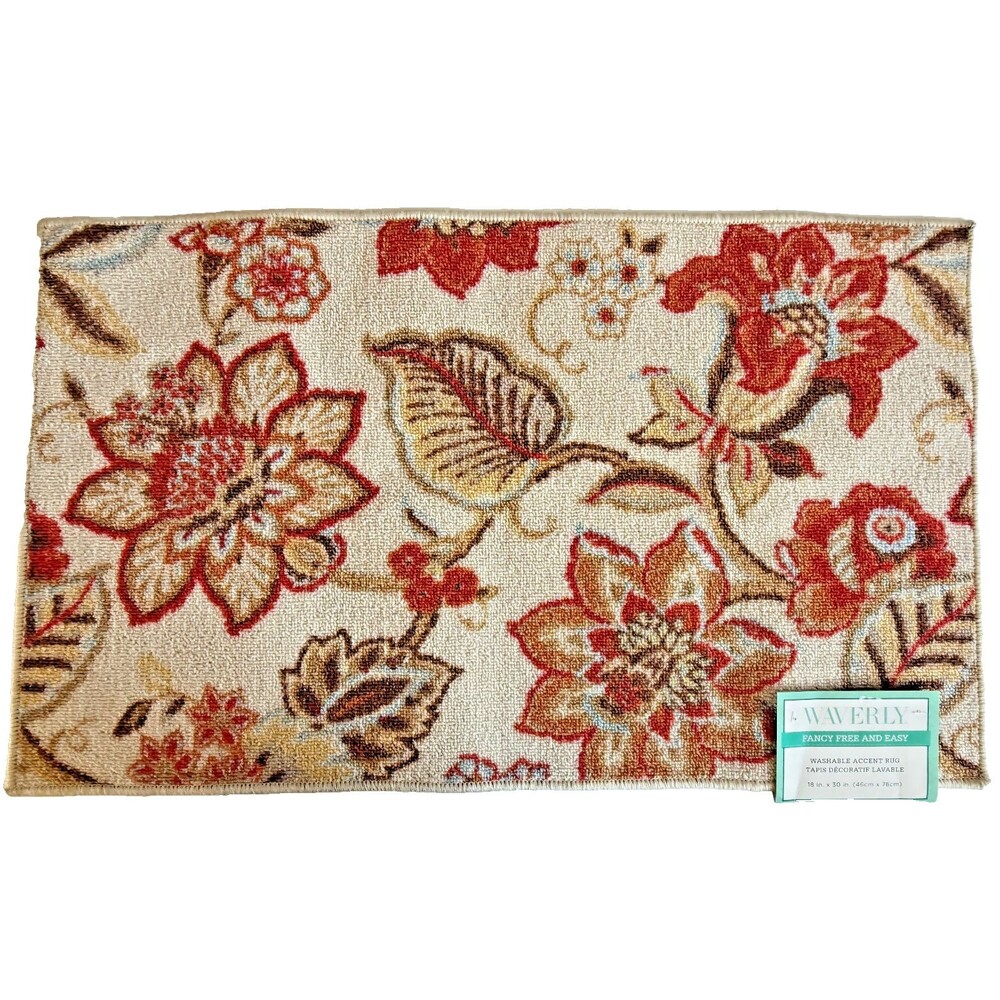 Waverly Jacobean Floral Washable Rug 18x30" Beige Red Orange Non-skid Back